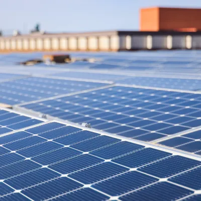Looking across the tops of solar panels installed across the expanse of the AEL roof.