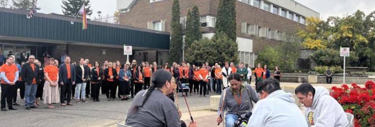 Indigenous drummers performing at the Polytechnic's flag raising ceremony