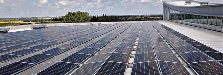 Solar panels on top of the Gary W. Harris Canada Games Centre