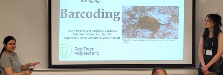 Two female students stand in front of an audience with a presentation being projected called "Bee Barcoding"