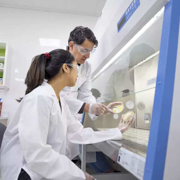 Biology student looking at findings with instructor