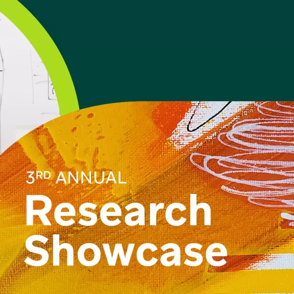 A researcher writes on a whiteboard. Overlay of RDP logo and a textured image of paint & ink swirls with text "3rd Annual Research Showcase"